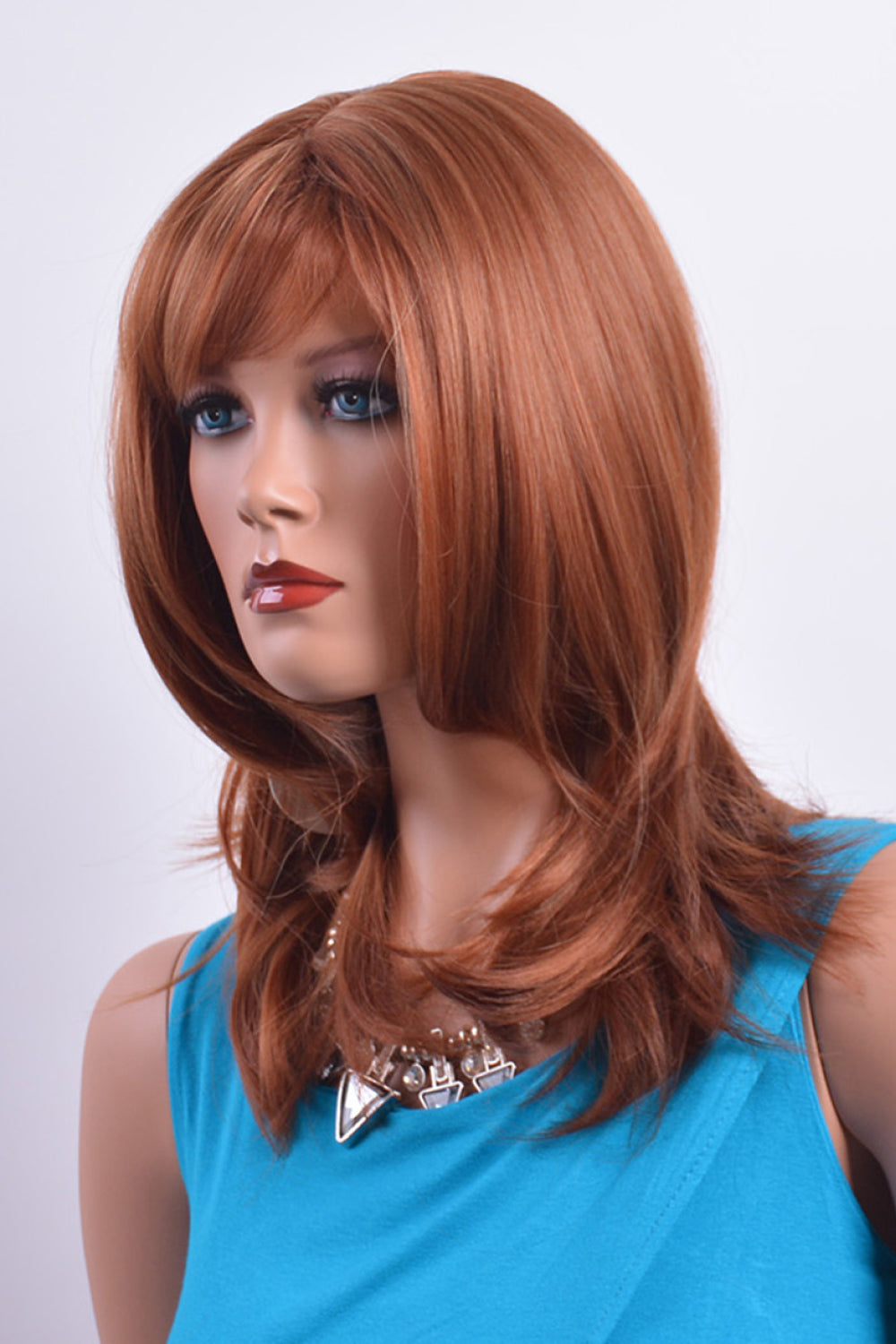 Synthetic Mid-Length Wigs 14' Reddish Brown Color semi side view