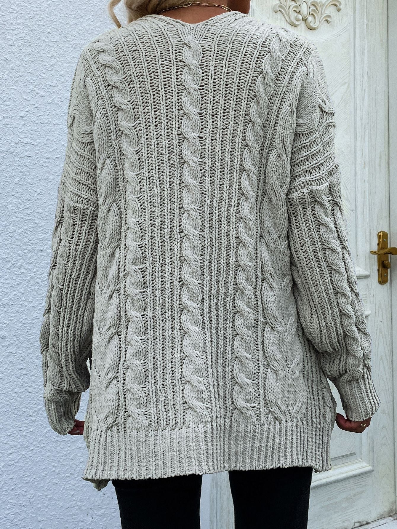 Cable-Knit Open Front Cardigan with Front Pockets gray back view