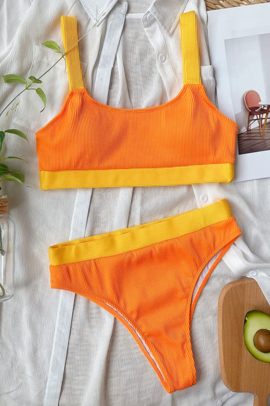 Color Block Scoop Neck Bikini Set orange