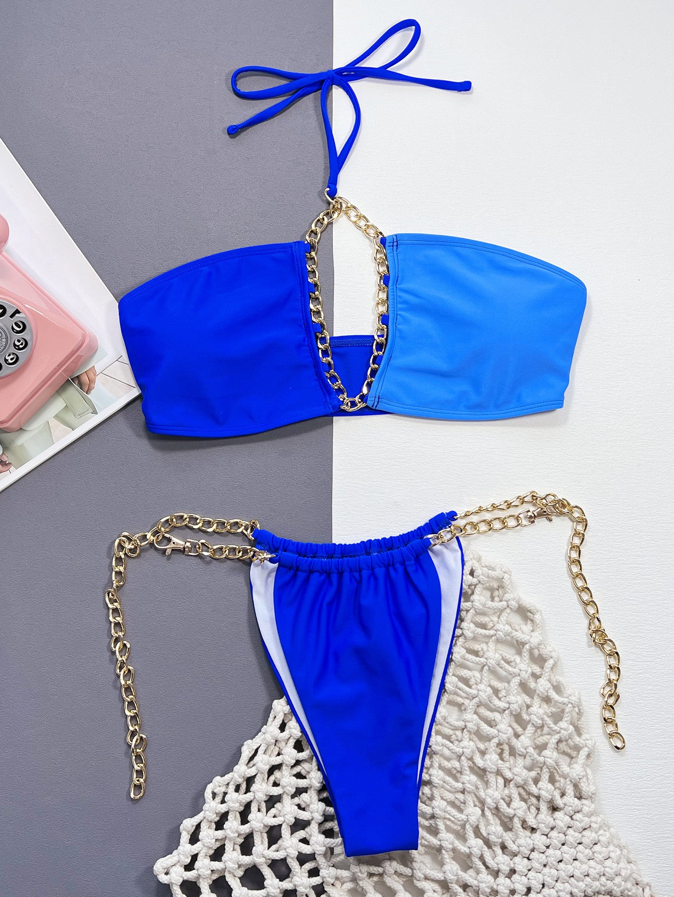 Chain Detail Halter Neck Bikini Set royal blue