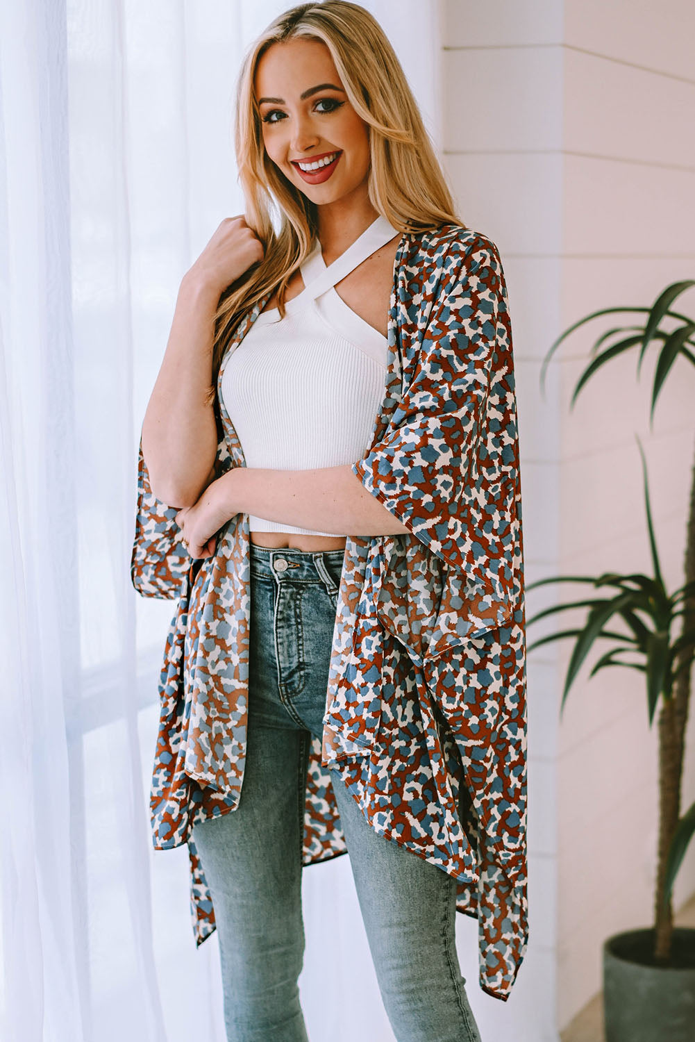 Printed Open Front Three-Quarter Sleeve Cover Up