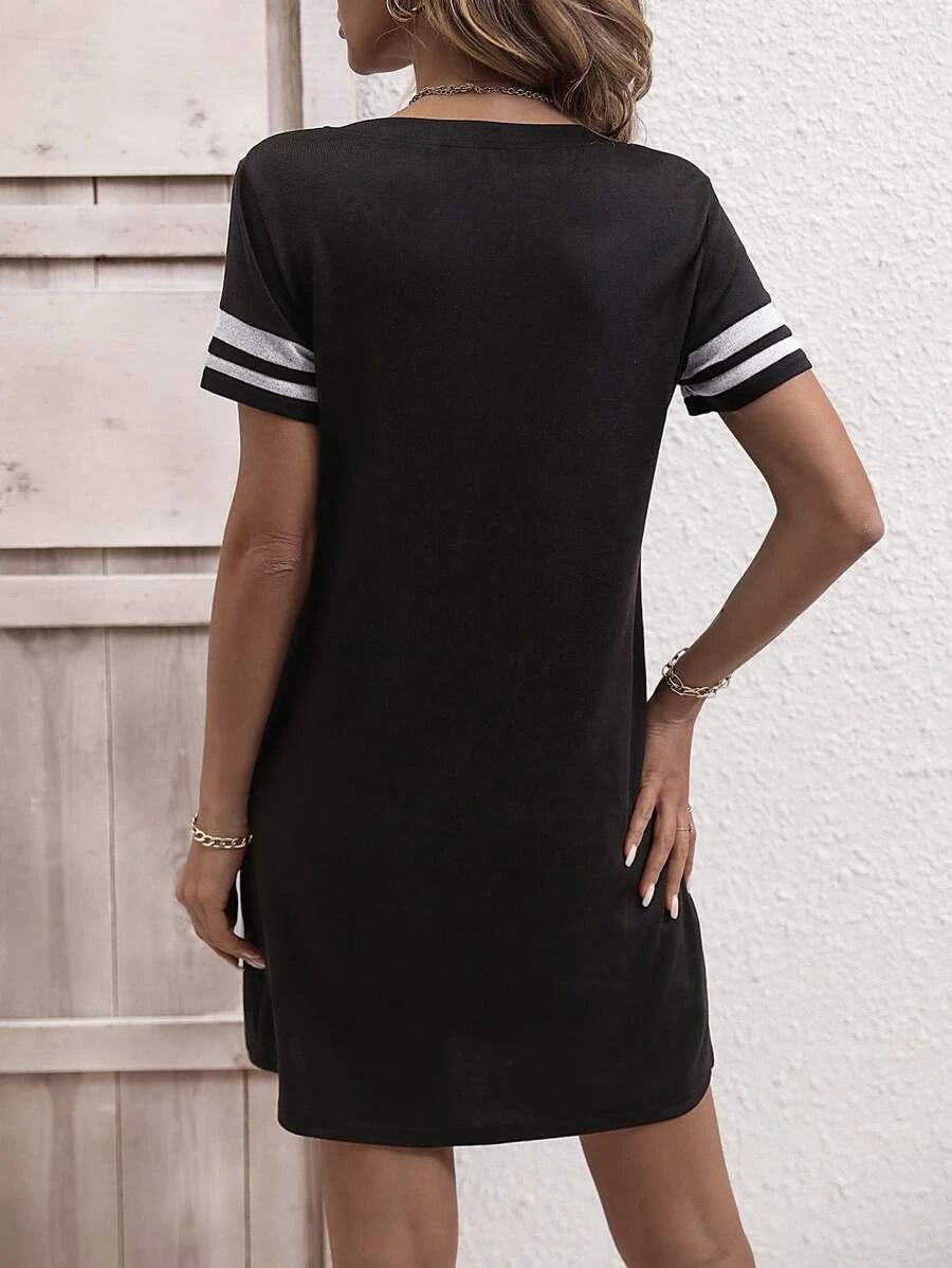 Striped Short Sleeve Decorative Button Dress