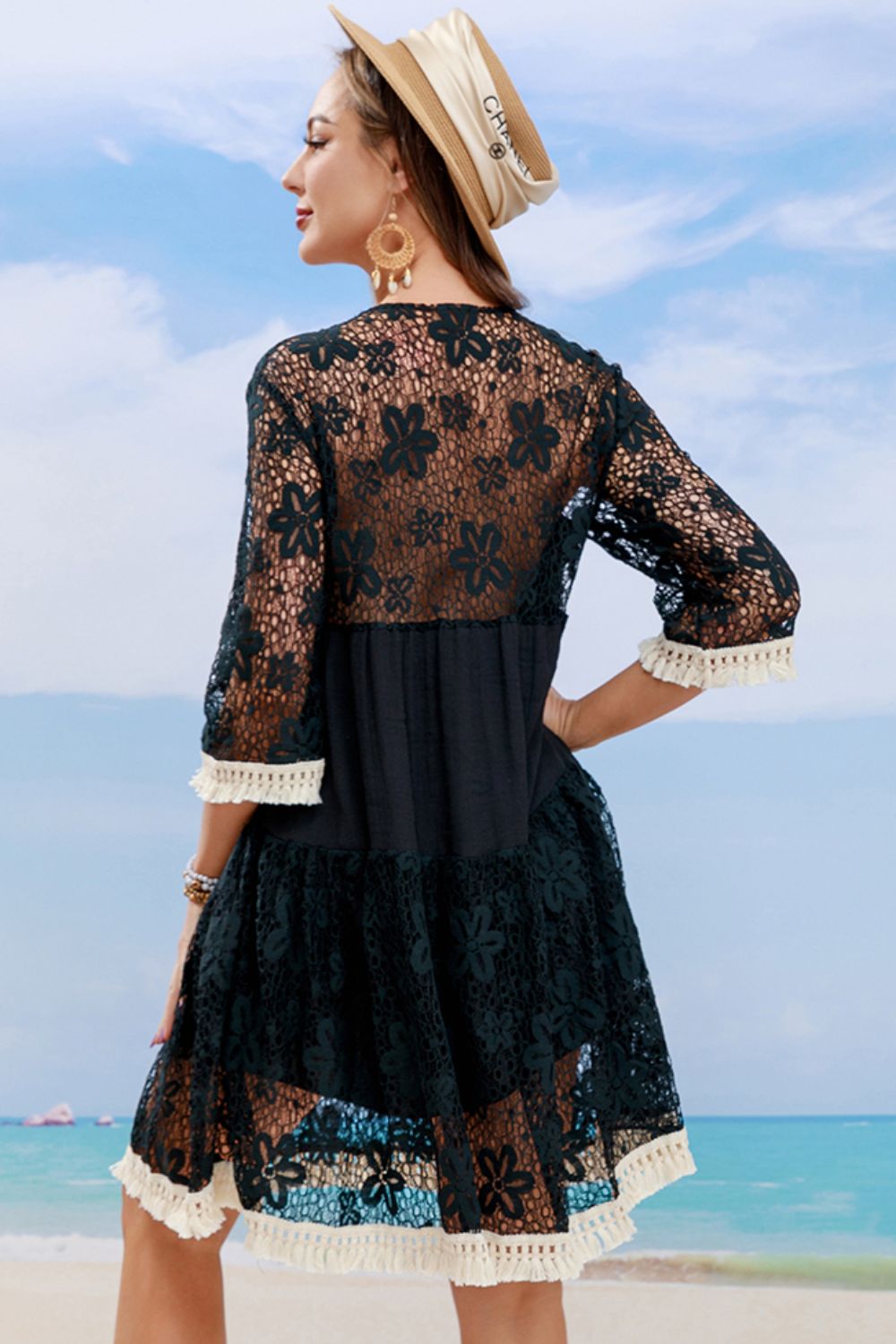 Tassel Spliced Lace Cover Up Black with beige trim back view