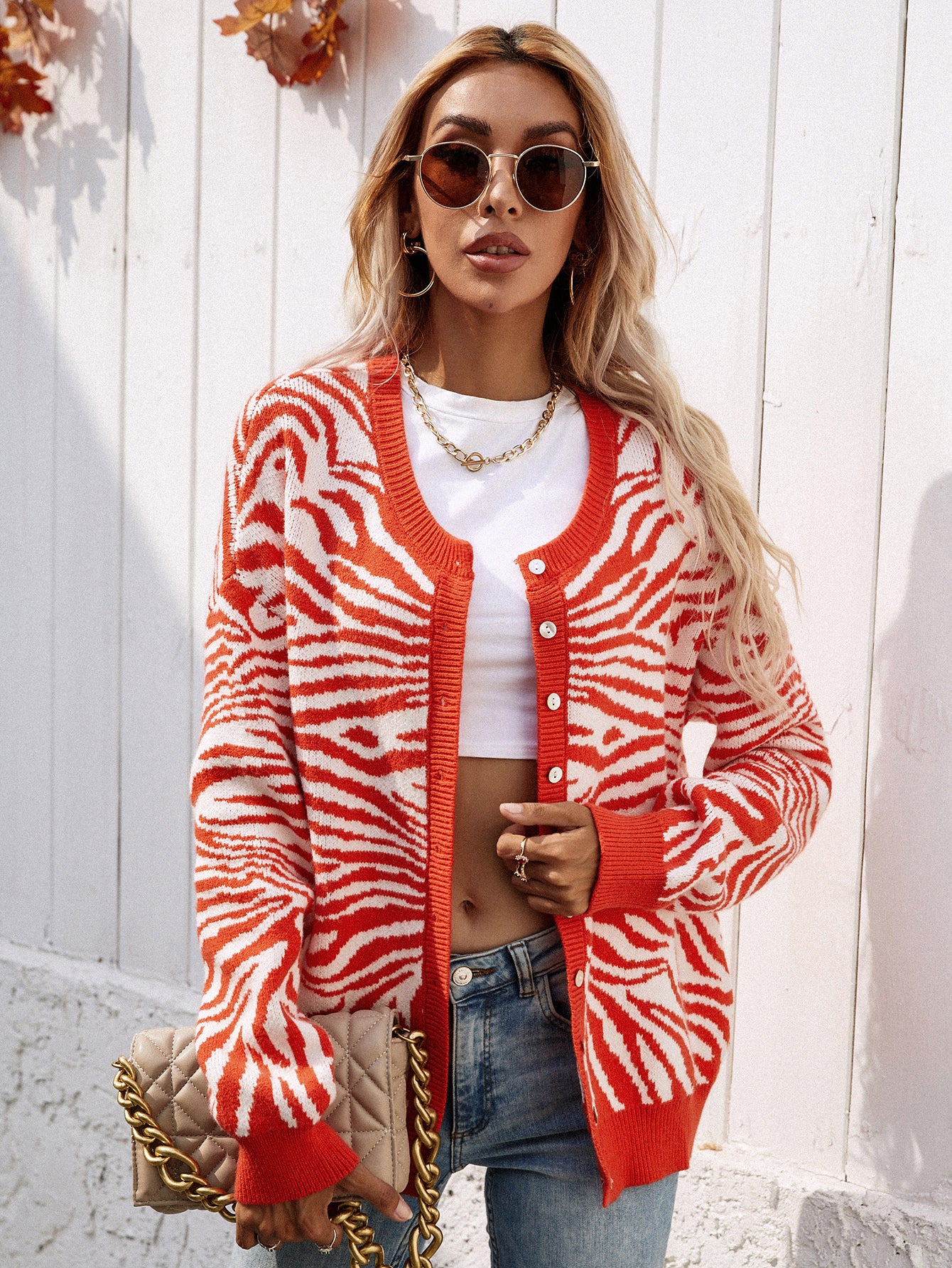 Zebra Print Button Down Cardigan orange