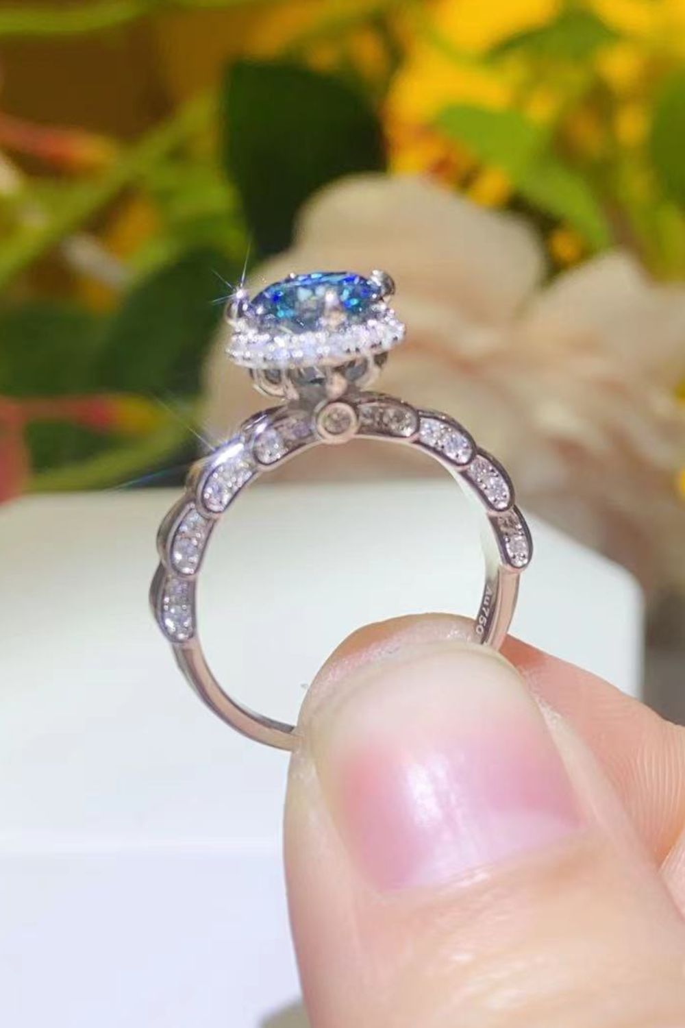 925 Sterling Silver 1 Carat Moissanite Cluster Ring royal blue side view