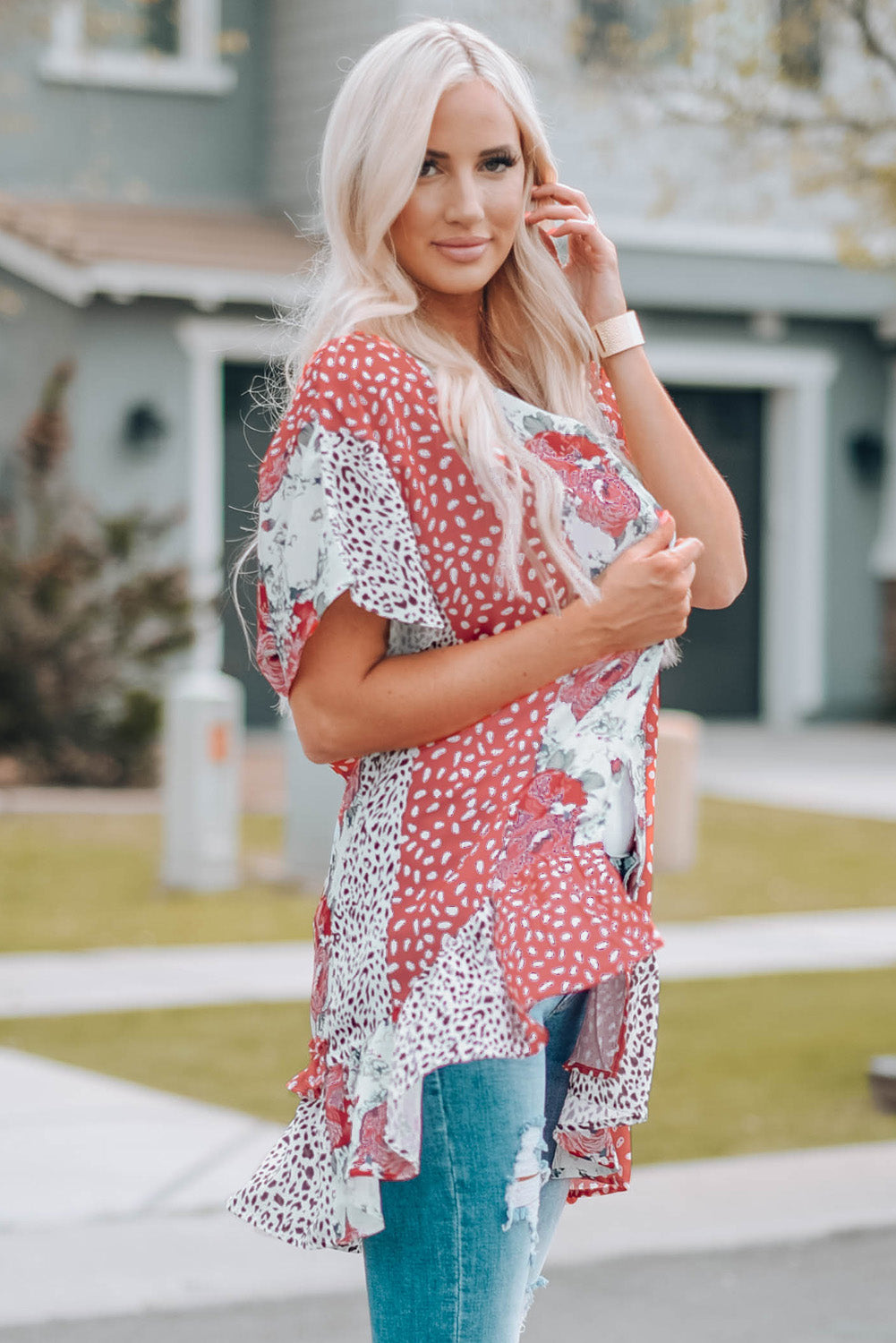 Mixed Print Ruffle Hem Kimono pink side view