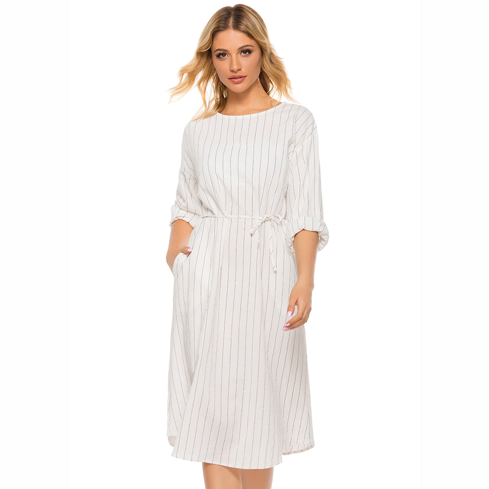 Pinstripe Tie Waist Round Neck Dress