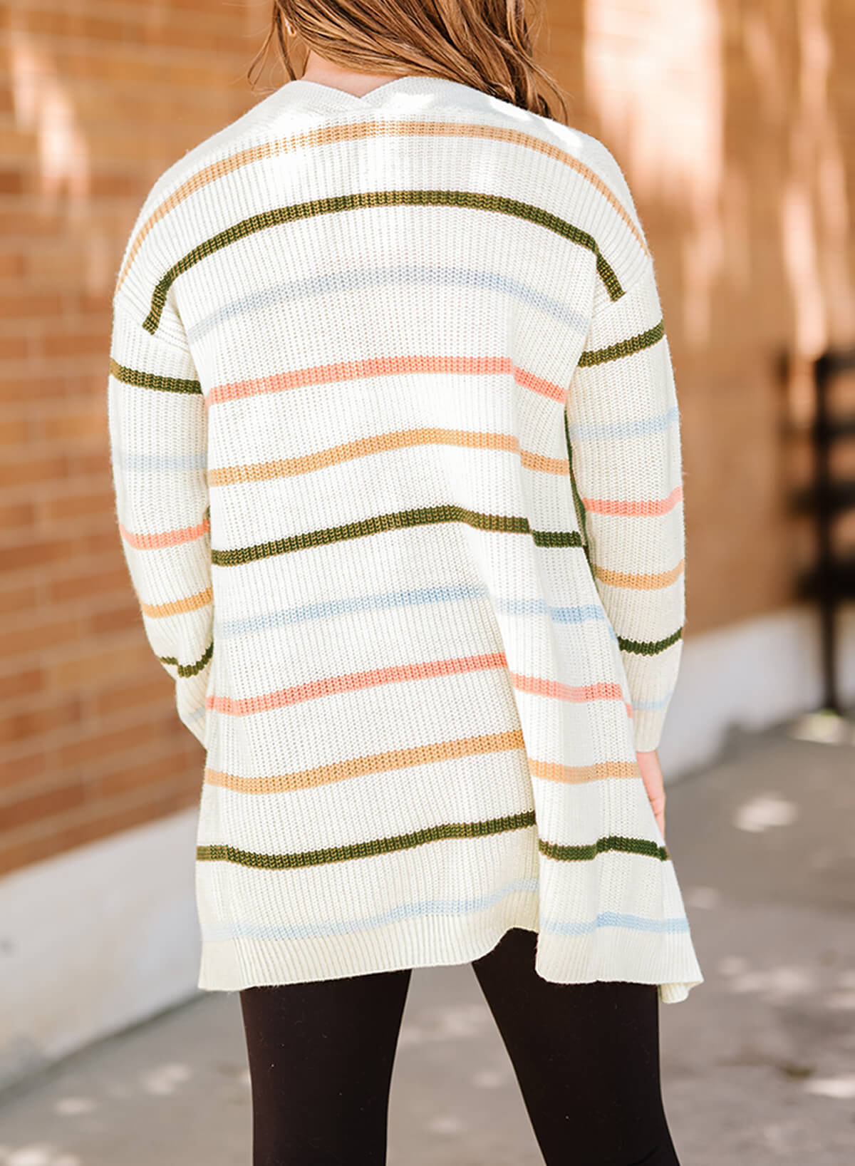 Striped Rib-Knit Open Front Pocketed Cardigan back view