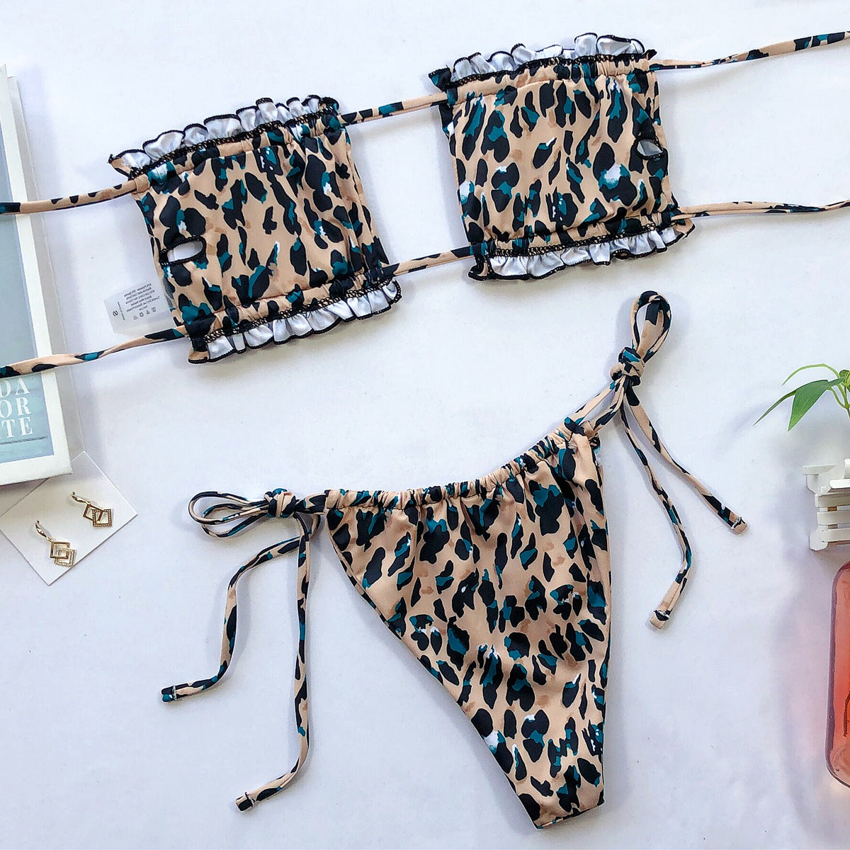 Frill Trim Ruched Bikini Set leopard print