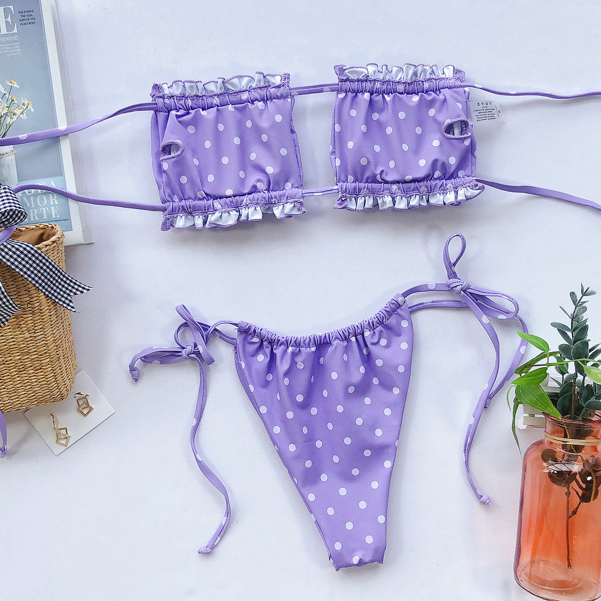 Frill Trim Ruched Bikini Set purple white polka dot