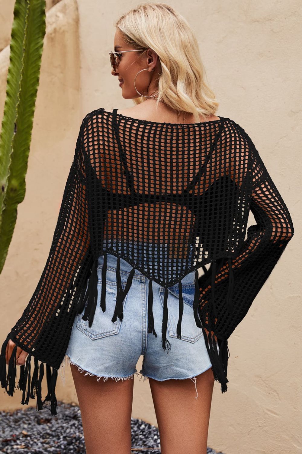 Tassel Hem Openwork Long Sleeve Cover Up black back view