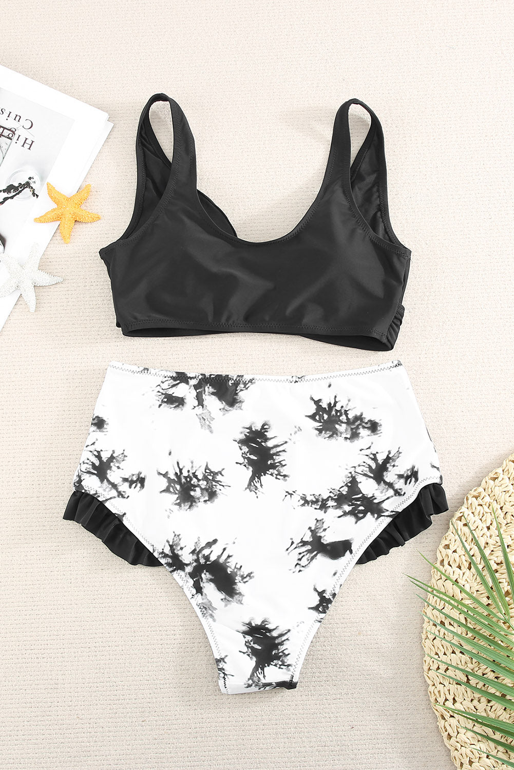 Two-Tone Crisscross Frill Trim Two-Piece Swimsuit black top black and white bottoms flat view