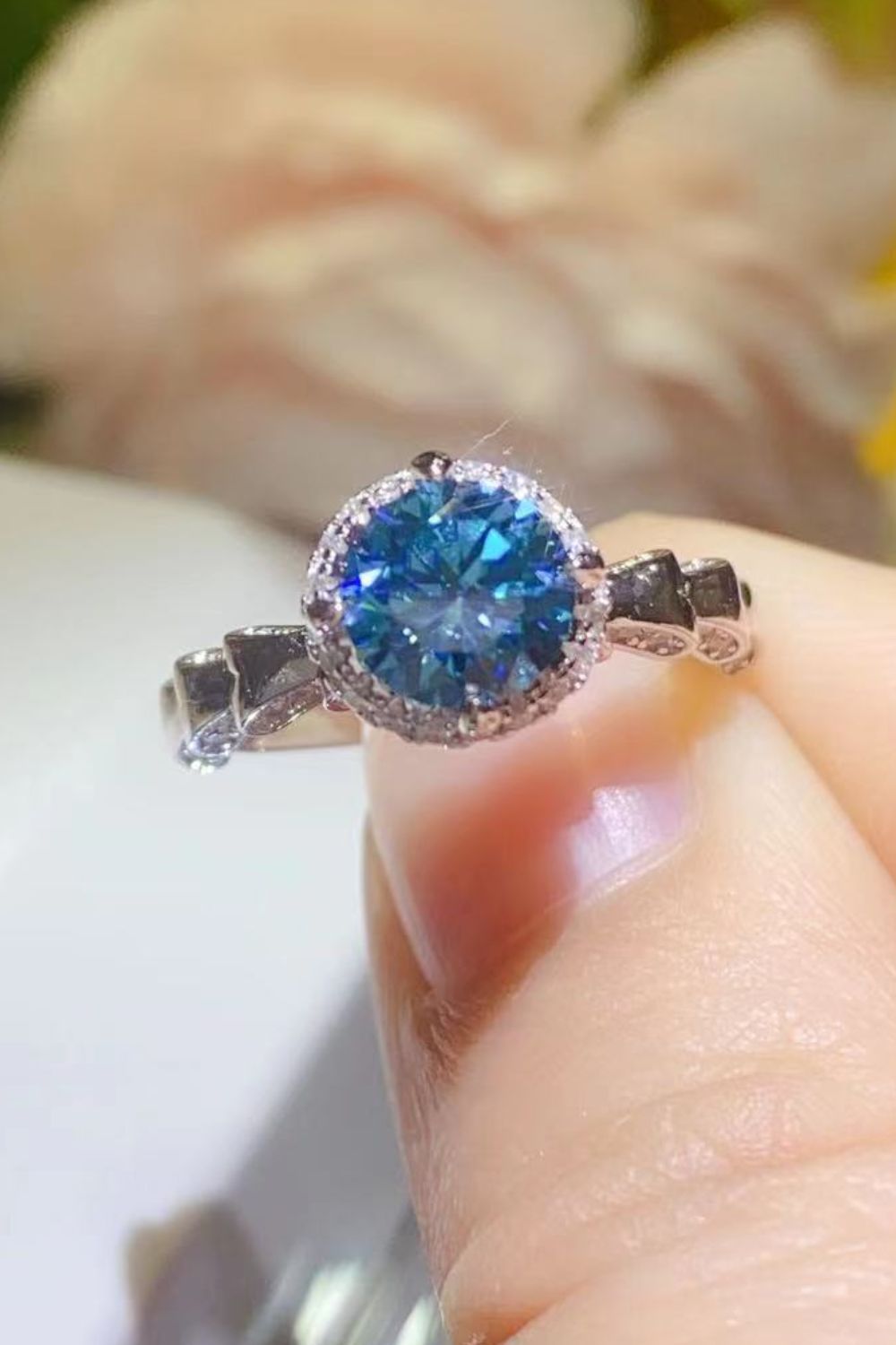 925 Sterling Silver 1 Carat Moissanite Cluster Ring royal blue top view close up