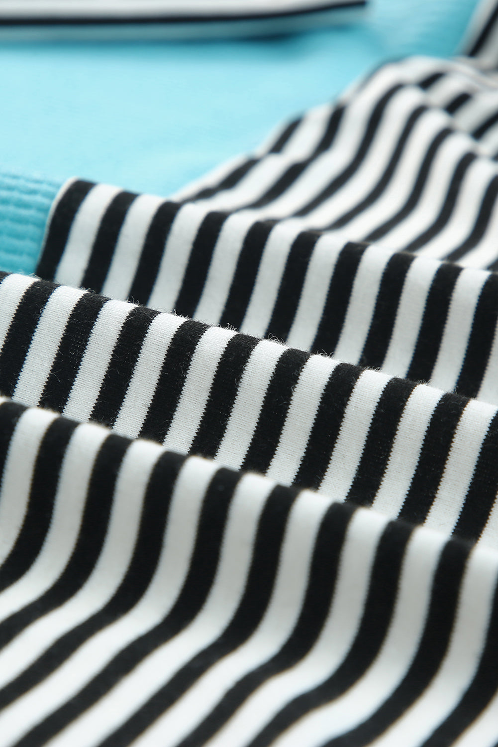 Striped Color Block Open Front Cardigan sky blue close up of black and white stripe pattern color block