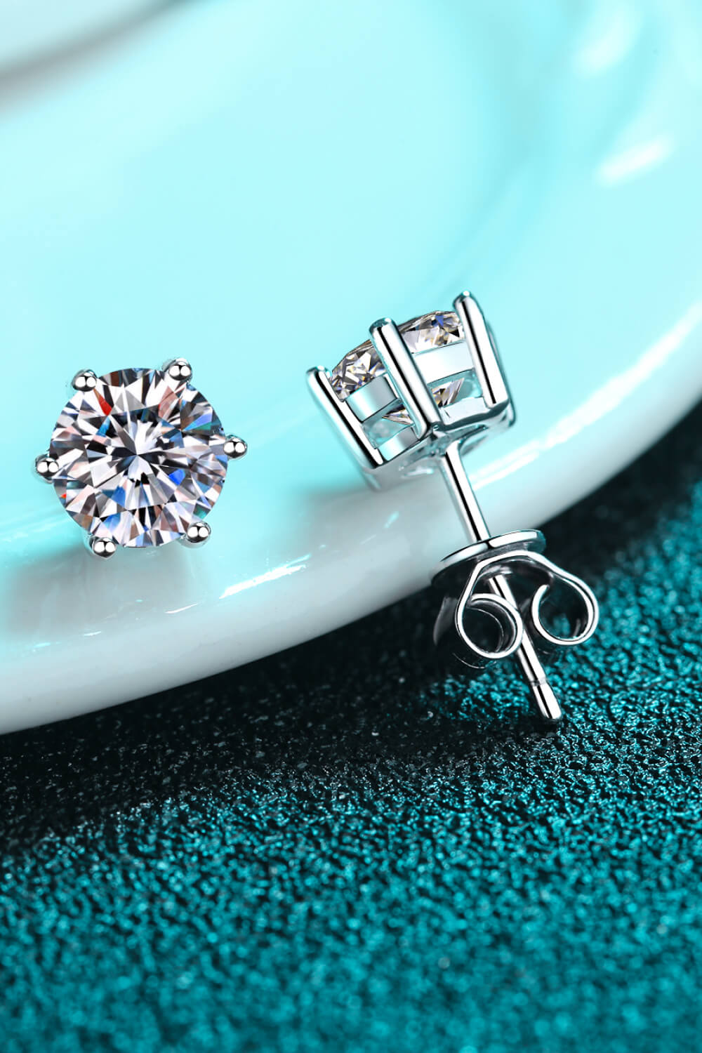 Moissanite Stud Earrings close up front and side view