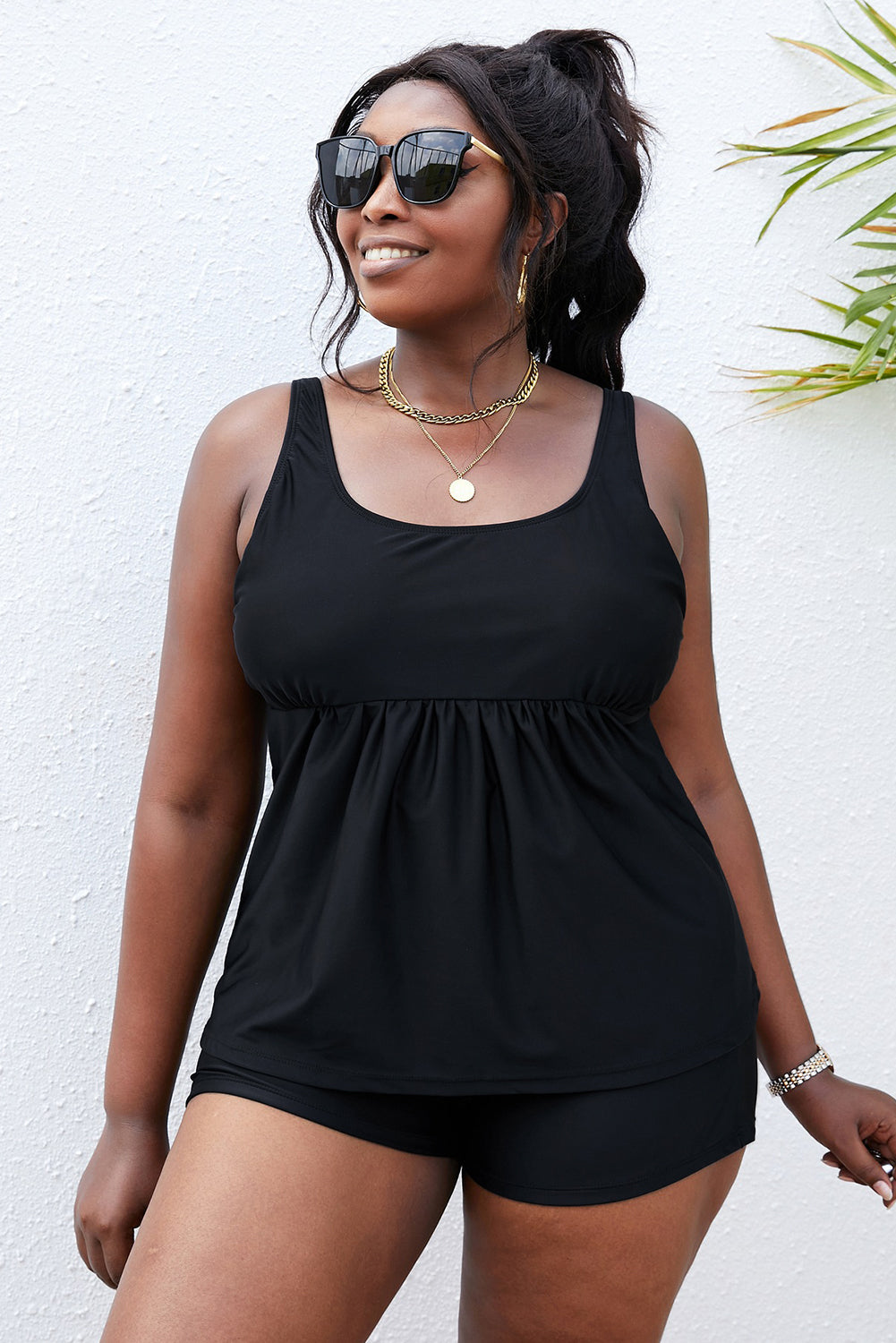 Plus Size Scoop Neck Tankini Set black