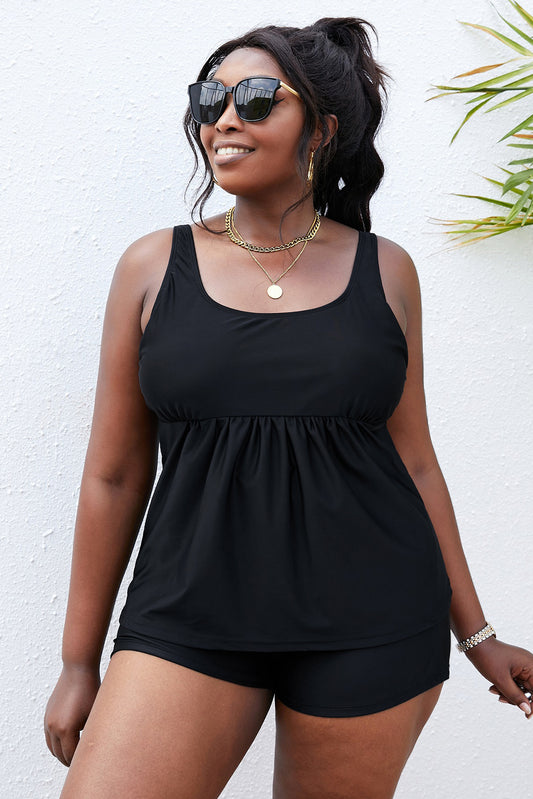 Plus Size Scoop Neck Tankini Set black