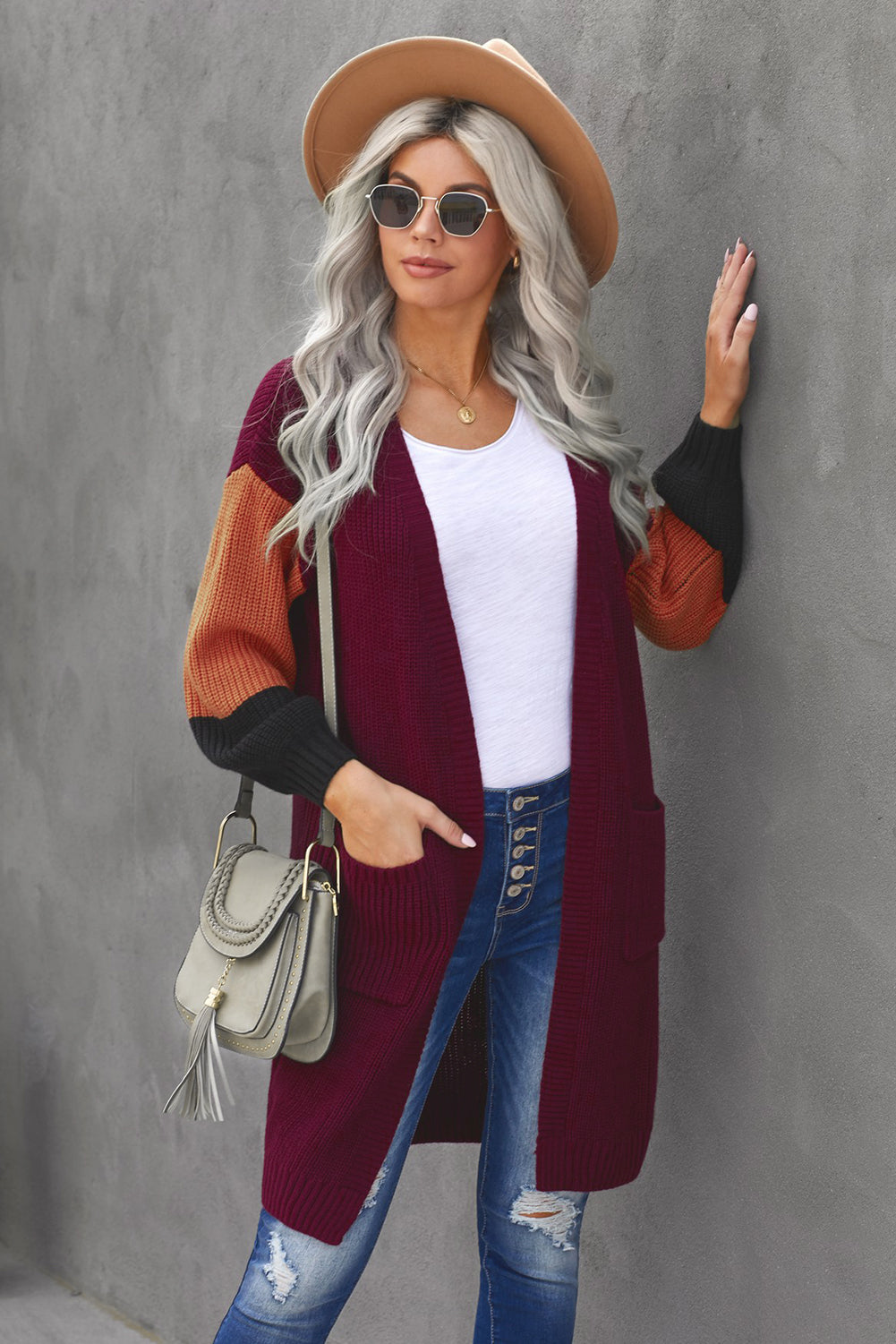 Color Block Rib-Knit Longline Cardigan with Front Pockets red