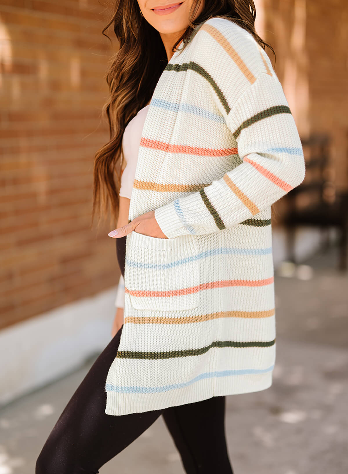 Striped Rib-Knit Open Front Pocketed Cardigan side view