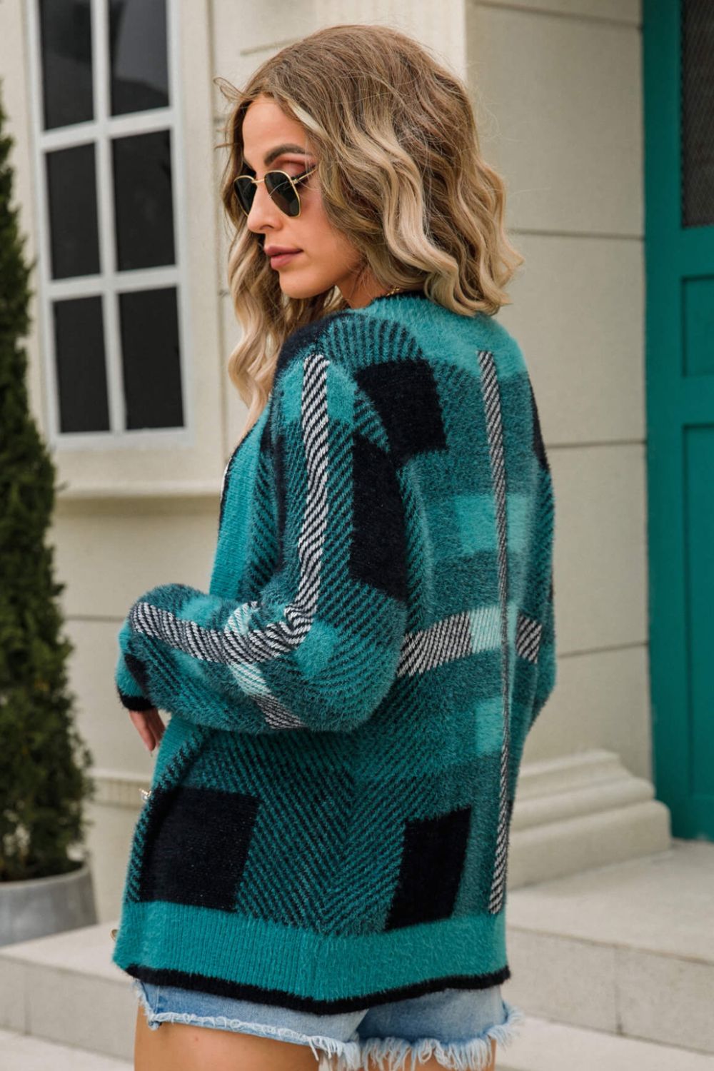 Striped Button-Front Fuzzy Cardigan green