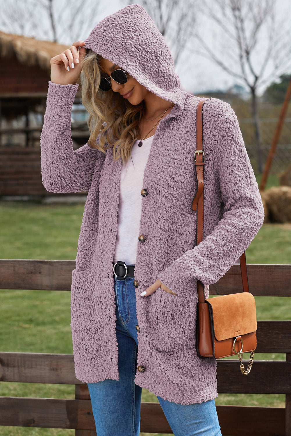 Popcorn-Knit Long Sleeve Hooded Cardigan lilac