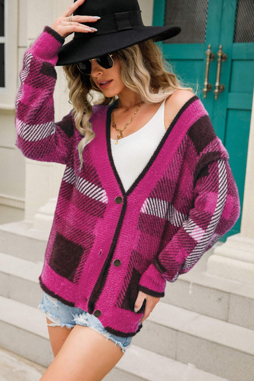 Striped Button-Front Fuzzy Cardigan pink fuschia