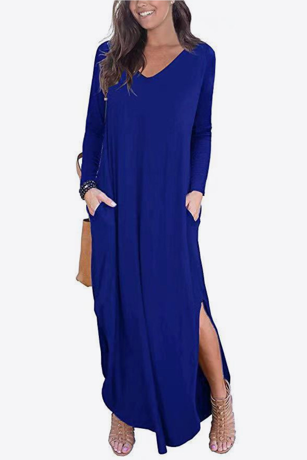 Split Long Sleeve V-Neck Maxi Dress